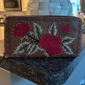 Isabella Fiore Brown Wallet with Red Floral Design